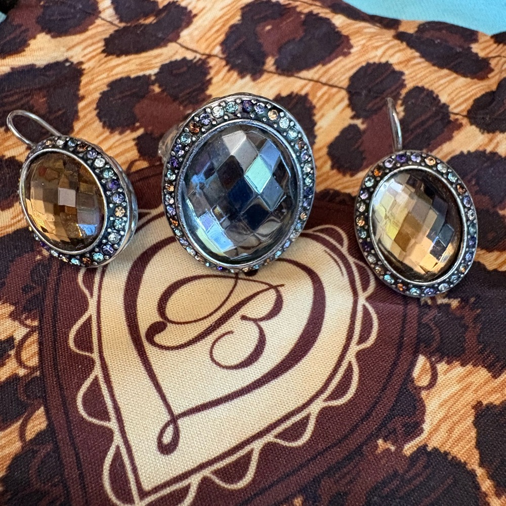 Faceted Smoky Crystal Ring & Earrings Set